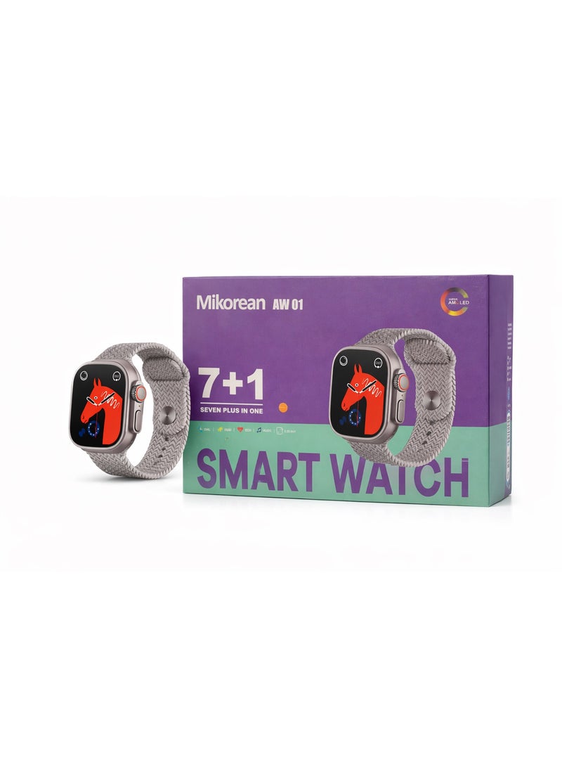 Mikorean AW01 Smart Watch 7+1 Seven Plus in One, 2.20” Display, Heart Rate & ECG Monitor, Music Control, Call & Message Notifications, Fitness Tracking – Grey Strap - Image 1